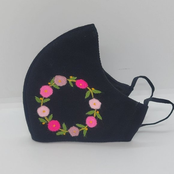 New Cover Face ear loop Women's Black Mask Embroidered handmade flower ring - Picture 4 of 7